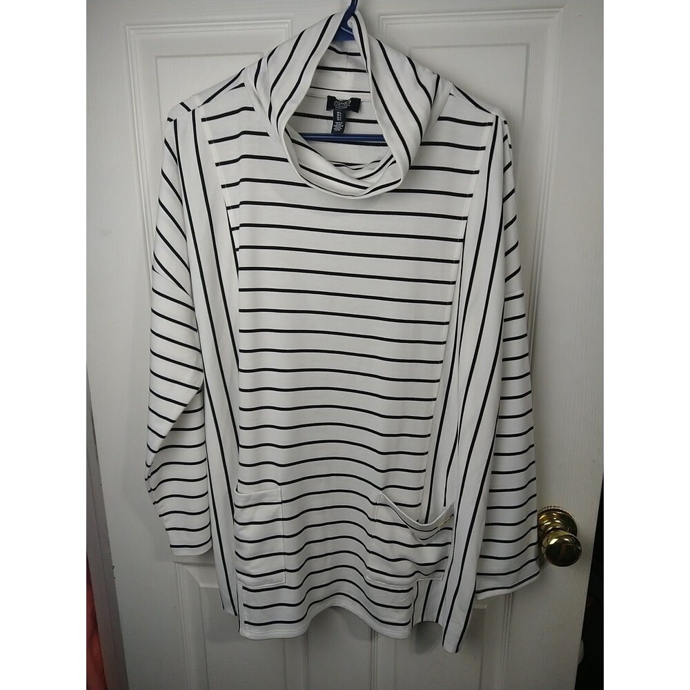 Jones New York Woman L Pinstripe Turtleneck Tunic Pocket Pullover Lagenlook Boho